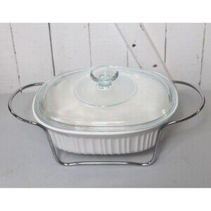 Corning Ware White Oval Casserole Dish w/ Lid Stainless Holder 1-1/2 Quarts 1.5L